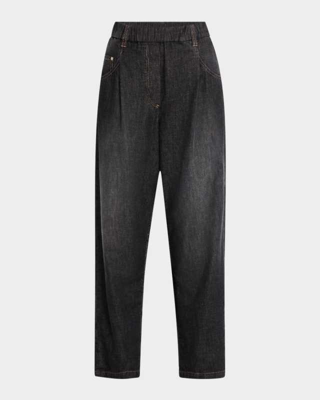 Pleated Tapered-Leg Crop Pull-On Pants